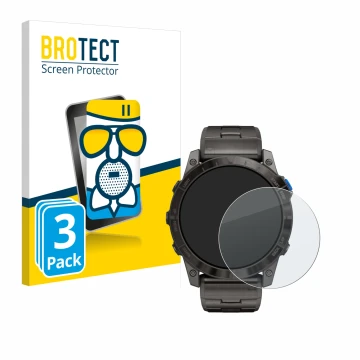 Parte frontal de un envase de producto con el logotipo de la marca BROTECT. Al lado se muestra el dispositivo Garmin D2 Mach1 