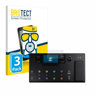 Parte frontal de un envase de producto con el logotipo de la marca BROTECT. Al lado se muestra el dispositivo Line 6 Helix LT 