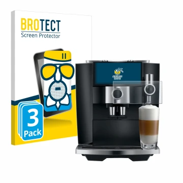 Parte frontal de un envase de producto con el logotipo de la marca BROTECT. Al lado se muestra el dispositivo Jura J8 twin con