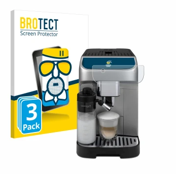 Parte frontal de un envase de producto con el logotipo de la marca BROTECT. Al lado se muestra el dispositivo DeLonghi Magnifi