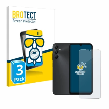 Parte frontal de un envase de producto con el logotipo de la marca BROTECT. Al lado se muestra el dispositivo Samsung Galaxy A