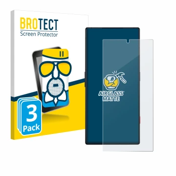 Parte frontal de un envase de producto con el logotipo de la marca BROTECT. Al lado se muestra el dispositivo ZTE Nubia Red Ma