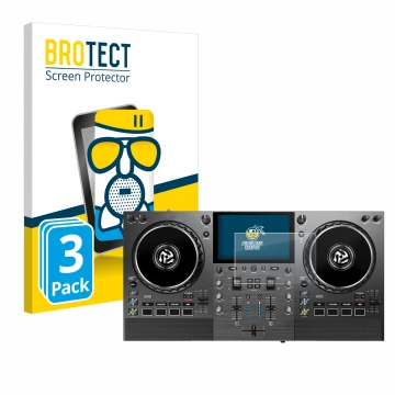 Parte frontal de un envase de producto con el logotipo de la marca BROTECT. Al lado se muestra el dispositivo Numark Mixstream