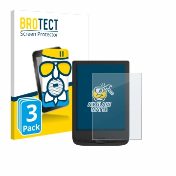 Parte frontal de un envase de producto con el logotipo de la marca BROTECT. Al lado se muestra el dispositivo PocketBook Basic