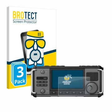 Parte frontal de un envase de producto con el logotipo de la marca BROTECT. Al lado se muestra el dispositivo Xiegu X6200 con 