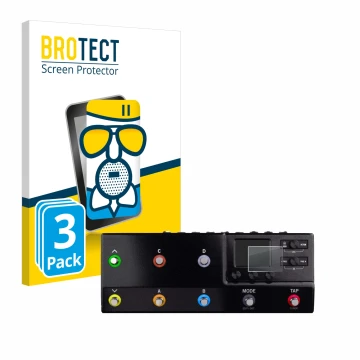 Parte frontal de un envase de producto con el logotipo de la marca BROTECT. Al lado se muestra el dispositivo Line 6 hx stomp 