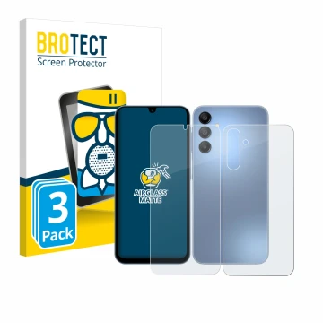 Parte frontal de un envase de producto con el logotipo de la marca BROTECT. Al lado se muestra el dispositivo Samsung Galaxy A