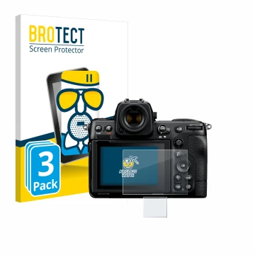 Parte frontal de un envase de producto con el logotipo de la marca BROTECT. Al lado se muestra el dispositivo Nikon Z 8 (Panta