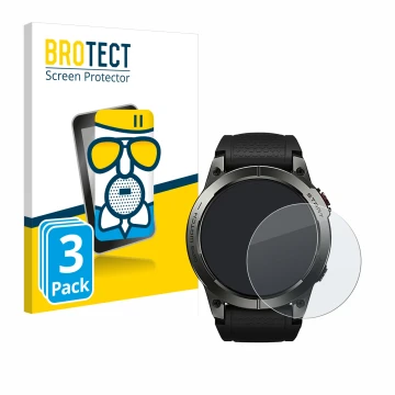 Parte frontal de un envase de producto con el logotipo de la marca BROTECT. Al lado se muestra el dispositivo Zeblaze Stratos 