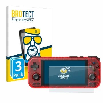 Parte frontal de un envase de producto con el logotipo de la marca BROTECT. Al lado se muestra el dispositivo Retroid Pocket 4