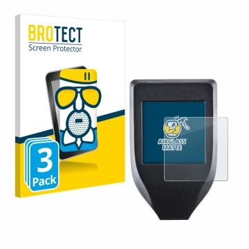 Parte frontal de un envase de producto con el logotipo de la marca BROTECT. Al lado se muestra el dispositivo Trezor Model T c