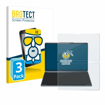 Parte frontal de un envase de producto con el logotipo de la marca BROTECT. Al lado se muestra el dispositivo Lenovo Yoga Book