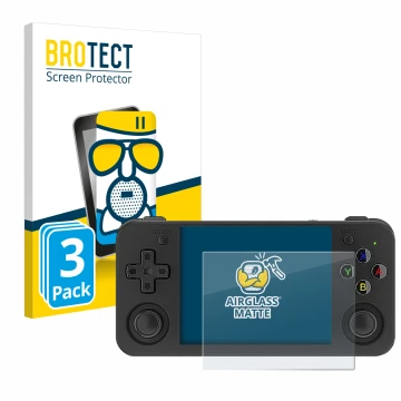 Parte frontal de un envase de producto con el logotipo de la marca BROTECT. Al lado se muestra el dispositivo Anbernic RG35XX 