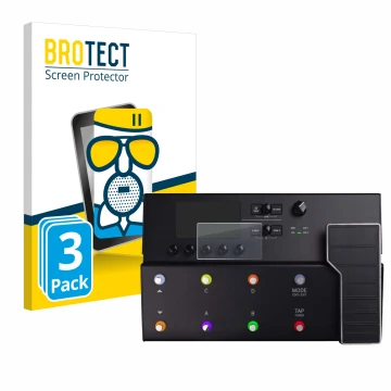Parte frontal de un envase de producto con el logotipo de la marca BROTECT. Al lado se muestra el dispositivo Line 6 POD Go co