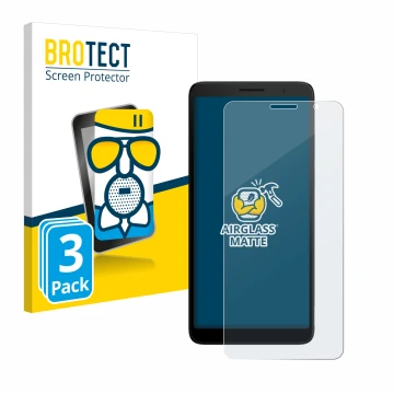 Parte frontal de un envase de producto con el logotipo de la marca BROTECT. Al lado se muestra el dispositivo TCL 501 con su p