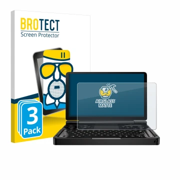 Parte frontal de un envase de producto con el logotipo de la marca BROTECT. Al lado se muestra el dispositivo GPD Win Mini (20