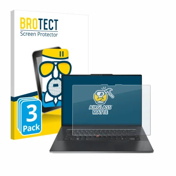 Parte frontal de un envase de producto con el logotipo de la marca BROTECT. Al lado se muestra el dispositivo Lenovo ThinkPad 