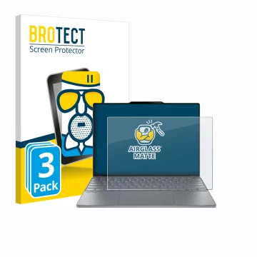 Parte frontal de un envase de producto con el logotipo de la marca BROTECT. Al lado se muestra el dispositivo Lenovo ThinkBook