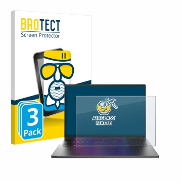 Parte frontal de un envase de producto con el logotipo de la marca BROTECT. Al lado se muestra el dispositivo Acer Swift Go 16