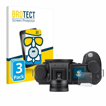 Parte frontal de un envase de producto con el logotipo de la marca BROTECT. Al lado se muestra el dispositivo Leica SL3 (panta