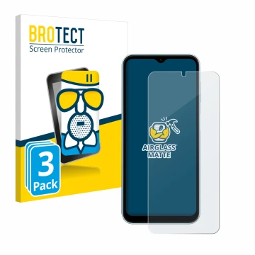 Parte frontal de un envase de producto con el logotipo de la marca BROTECT. Al lado se muestra el dispositivo Samsung Galaxy M