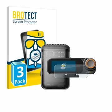 Parte frontal de un envase de producto con el logotipo de la marca BROTECT. Al lado se muestra el dispositivo DJI Mic 2 (Recei