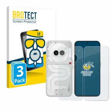 Parte frontal de un envase de producto con el logotipo de la marca BROTECT. Al lado se muestra el dispositivo Nothing Phone (2
