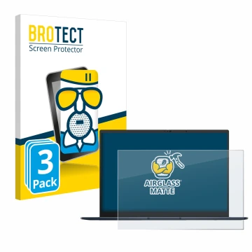 Parte frontal de un envase de producto con el logotipo de la marca BROTECT. Al lado se muestra el dispositivo ASUS ZenBook 14 