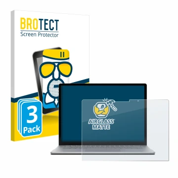 Parte frontal de un envase de producto con el logotipo de la marca BROTECT. Al lado se muestra el dispositivo Microsoft Surfac