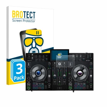 Parte frontal de un envase de producto con el logotipo de la marca BROTECT. Al lado se muestra el dispositivo Denon DJ Prime 2