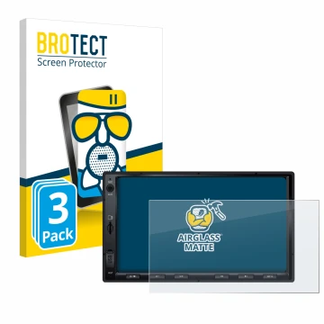 Parte frontal de un envase de producto con el logotipo de la marca BROTECT. Al lado se muestra el dispositivo Atoto F7 WE con 