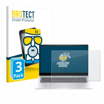Parte frontal de un envase de producto con el logotipo de la marca BROTECT. Al lado se muestra el dispositivo HP Envy 17 2024 