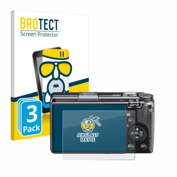 Parte frontal de un envase de producto con el logotipo de la marca BROTECT. Al lado se muestra el dispositivo Ricoh GR IIIx HD