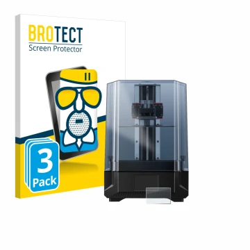 Parte frontal de un envase de producto con el logotipo de la marca BROTECT. Al lado se muestra el dispositivo Anycubic Photon 