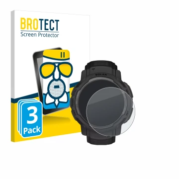 Parte frontal de un envase de producto con el logotipo de la marca BROTECT. Al lado se muestra el dispositivo Garmin Instinct 