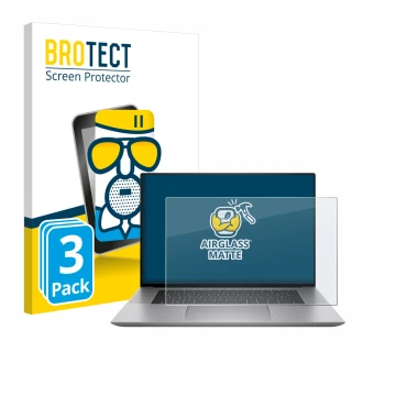 Parte frontal de un envase de producto con el logotipo de la marca BROTECT. Al lado se muestra el dispositivo HP Zbook Studio 