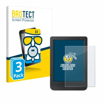 Parte frontal de un envase de producto con el logotipo de la marca BROTECT. Al lado se muestra el dispositivo Kobo Clara BW co
