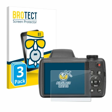 Parte frontal de un envase de producto con el logotipo de la marca BROTECT. Al lado se muestra el dispositivo Kodak Pixpro AZ5