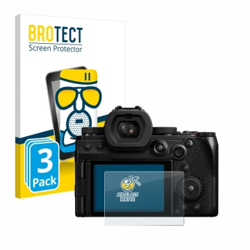 Parte frontal de un envase de producto con el logotipo de la marca BROTECT. Al lado se muestra el dispositivo Panasonic Lumix 