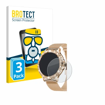 Parte frontal de un envase de producto con el logotipo de la marca BROTECT. Al lado se muestra el dispositivo walkbee Smartwat
