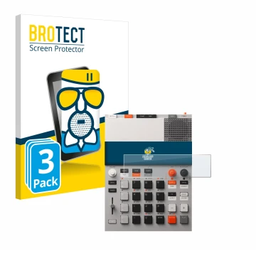 Parte frontal de un envase de producto con el logotipo de la marca BROTECT. Al lado se muestra el dispositivo Teenage Engineer