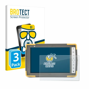 Parte frontal de un envase de producto con el logotipo de la marca BROTECT. Al lado se muestra el dispositivo Topcon FC-6000 c