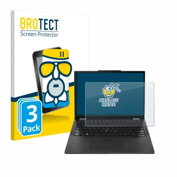 Parte frontal de un envase de producto con el logotipo de la marca BROTECT. Al lado se muestra el dispositivo Lenovo ThinkPad 