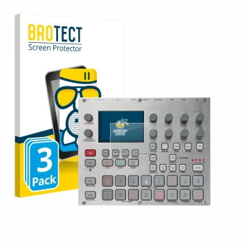 Parte frontal de un envase de producto con el logotipo de la marca BROTECT. Al lado se muestra el dispositivo Elektron Syntakt