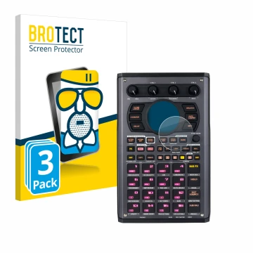 Parte frontal de un envase de producto con el logotipo de la marca BROTECT. Al lado se muestra el dispositivo Roland SP-404MKI