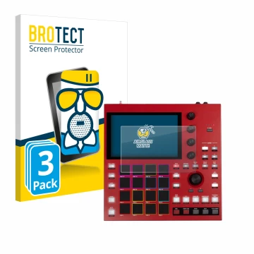 Parte frontal de un envase de producto con el logotipo de la marca BROTECT. Al lado se muestra el dispositivo Akai MPC One+ co