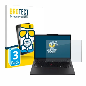 Parte frontal de un envase de producto con el logotipo de la marca BROTECT. Al lado se muestra el dispositivo Lenovo ThinkPad 