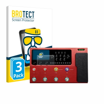 Parte frontal de un envase de producto con el logotipo de la marca BROTECT. Al lado se muestra el dispositivo Valeton GP-200R 