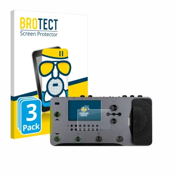 Parte frontal de un envase de producto con el logotipo de la marca BROTECT. Al lado se muestra el dispositivo Mooer GE1000 con