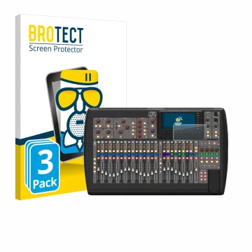 Parte frontal de un envase de producto con el logotipo de la marca BROTECT. Al lado se muestra el dispositivo Behringer X32 co
